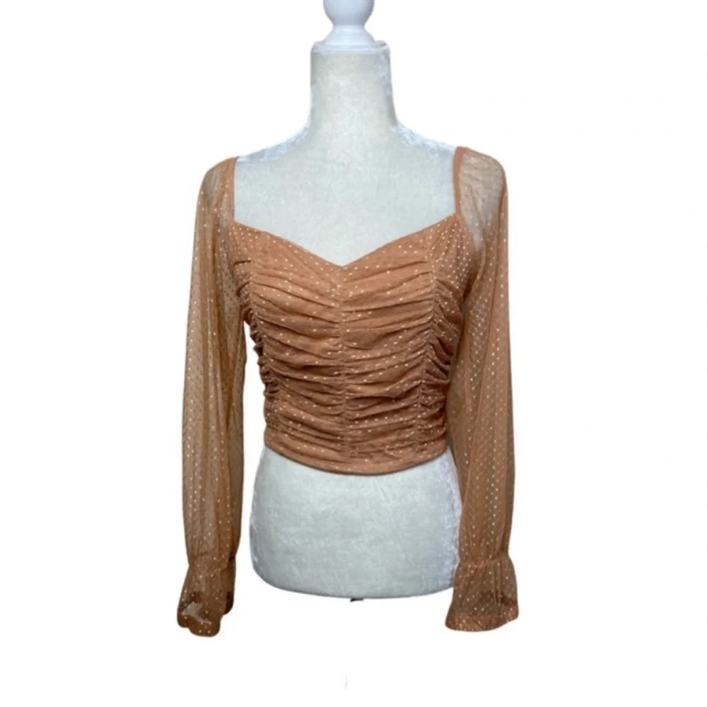 Willow Tan Peach Sparkle Ruched Long Sleeve Crop Top Size Medium